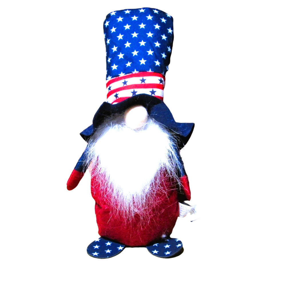 Patriotic Plush Gnome USA Flag Hat Red White Blue 11 inches Weighted Jul 4 Decor